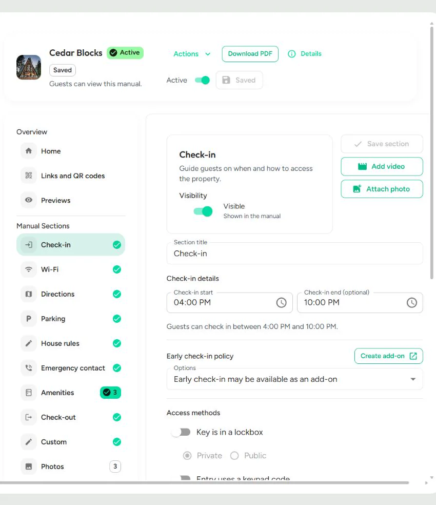 StayPerk manual editor with structured sections and check-in fields