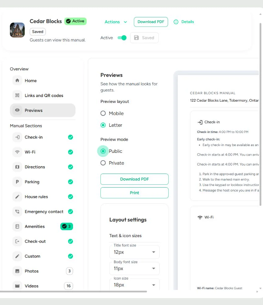 StayPerk printable manual preview with public and private modes and layout settings