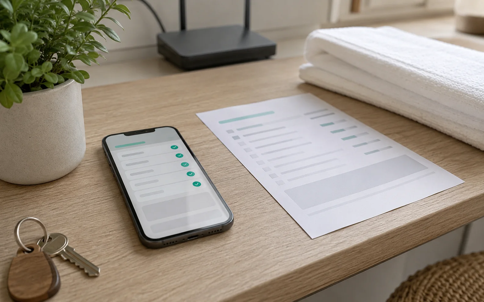 Illustration of a mobile guest manual with stay sections and service cards.