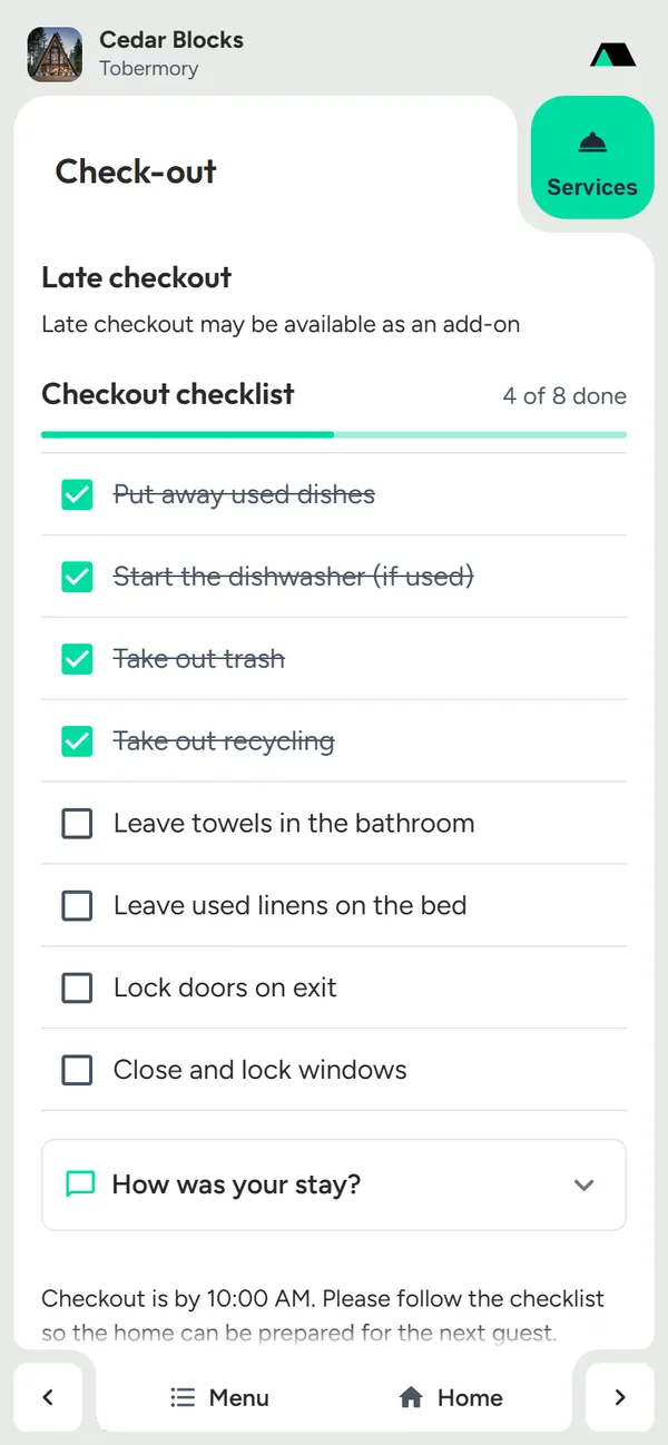 Checkout checklist with four of eight items ticked and a progress bar