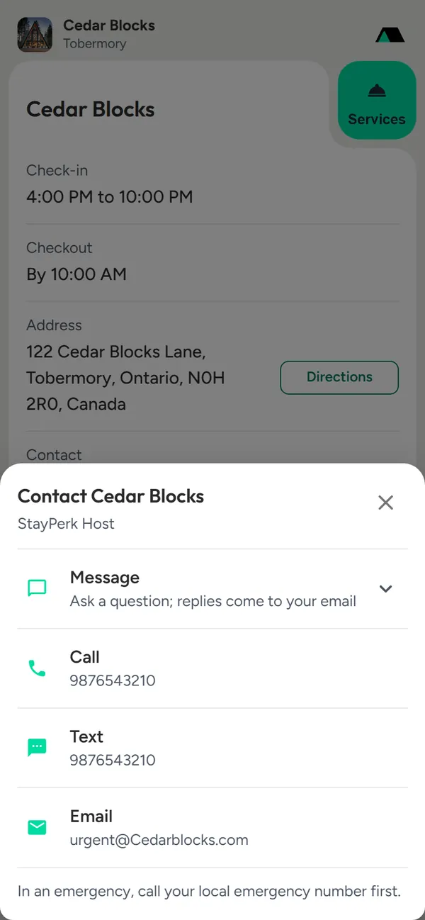 Contact Cedar Blocks sheet with Message, Call, Text and Email