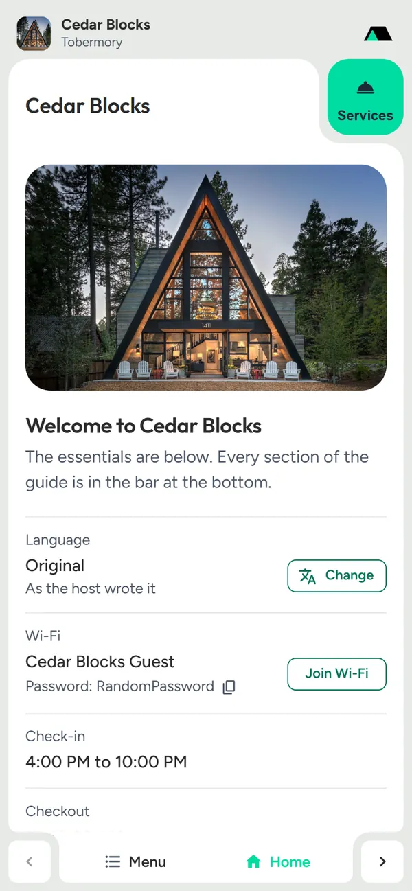 Guest manual home screen with the cabin photo and a welcome line