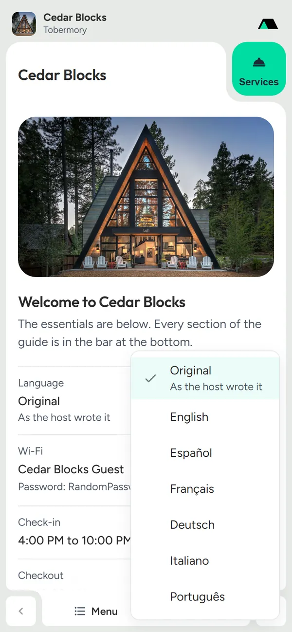 Language menu listing Original, English, Español, Français, Deutsch, Italiano and Português