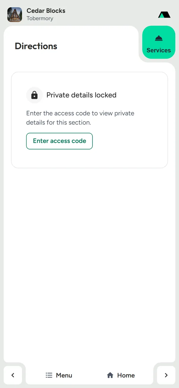 Directions section locked with an Enter access code button