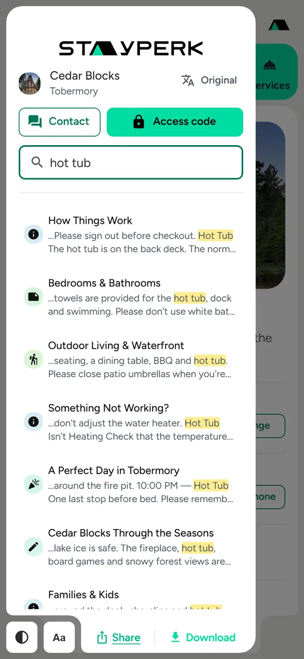 Search results for hot tub, each with a line of matching text highlighted