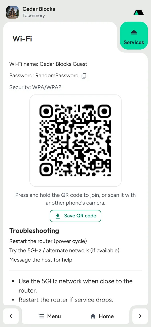 Wi-Fi section with the network name, password, a scan-to-join QR code and a Save QR code button