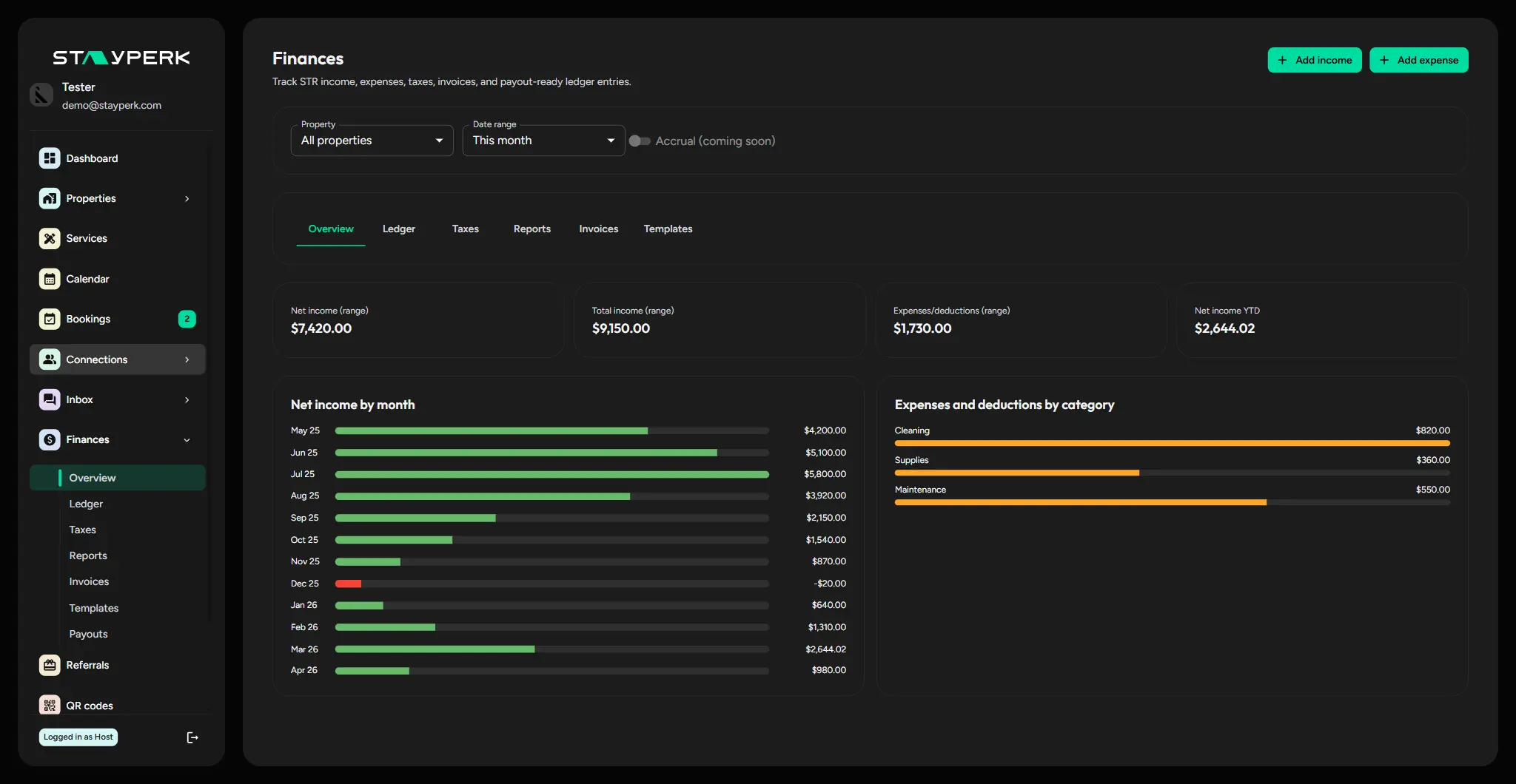 StayPerk finance tracking preview with income, expense, invoice, receipt, payout, and statement context.