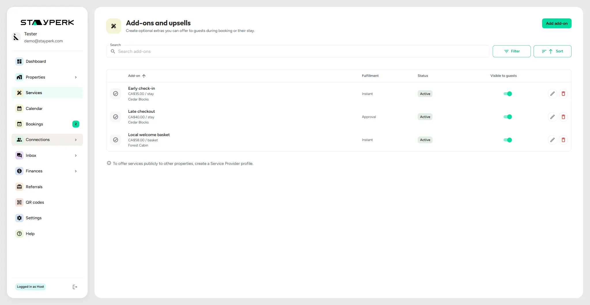 StayPerk guest services preview with a guest-facing service menu, add-ons, local services, and service statuses.