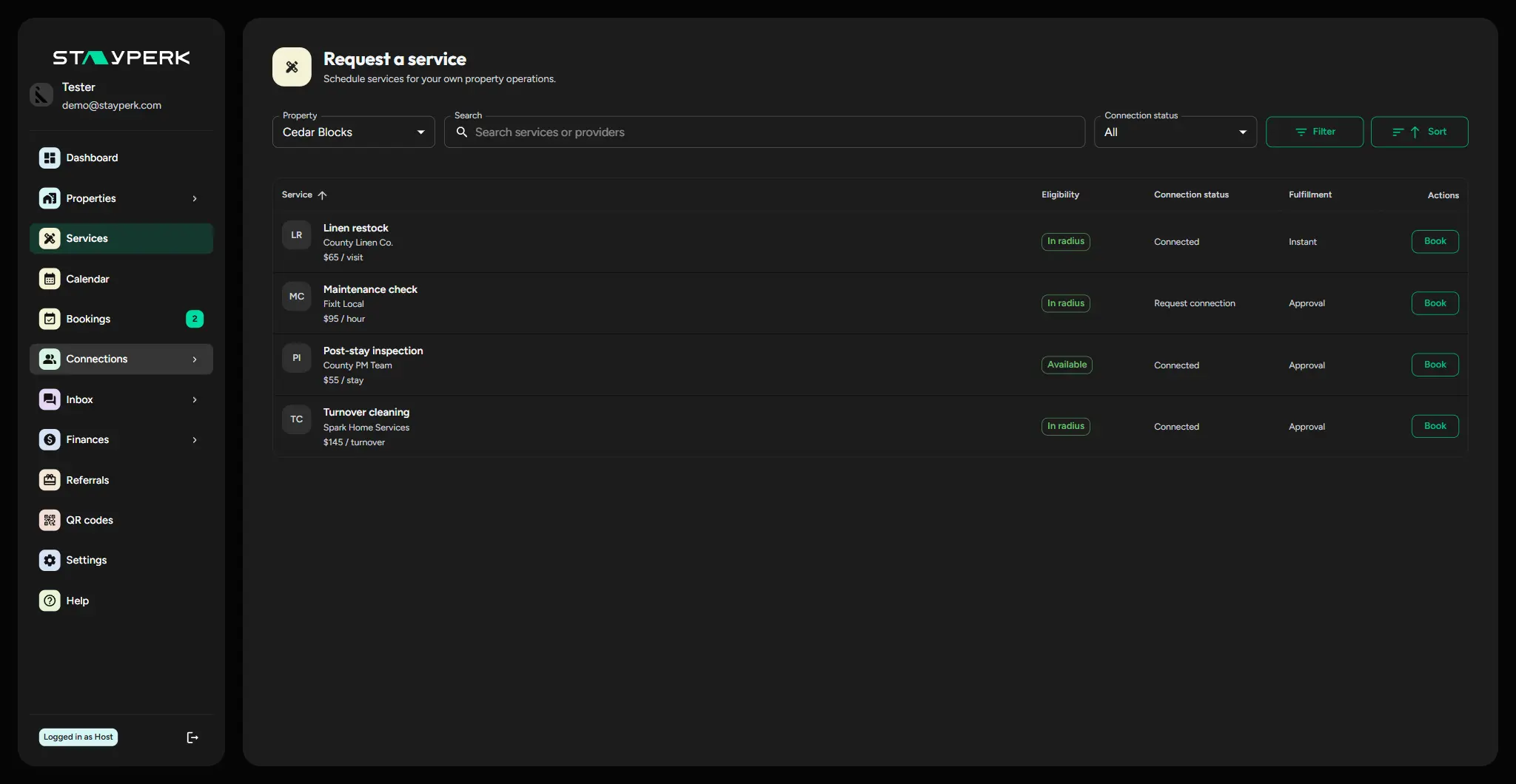 StayPerk property services preview with cleaning, repairs, restocking, inspections, status, and invoice context.