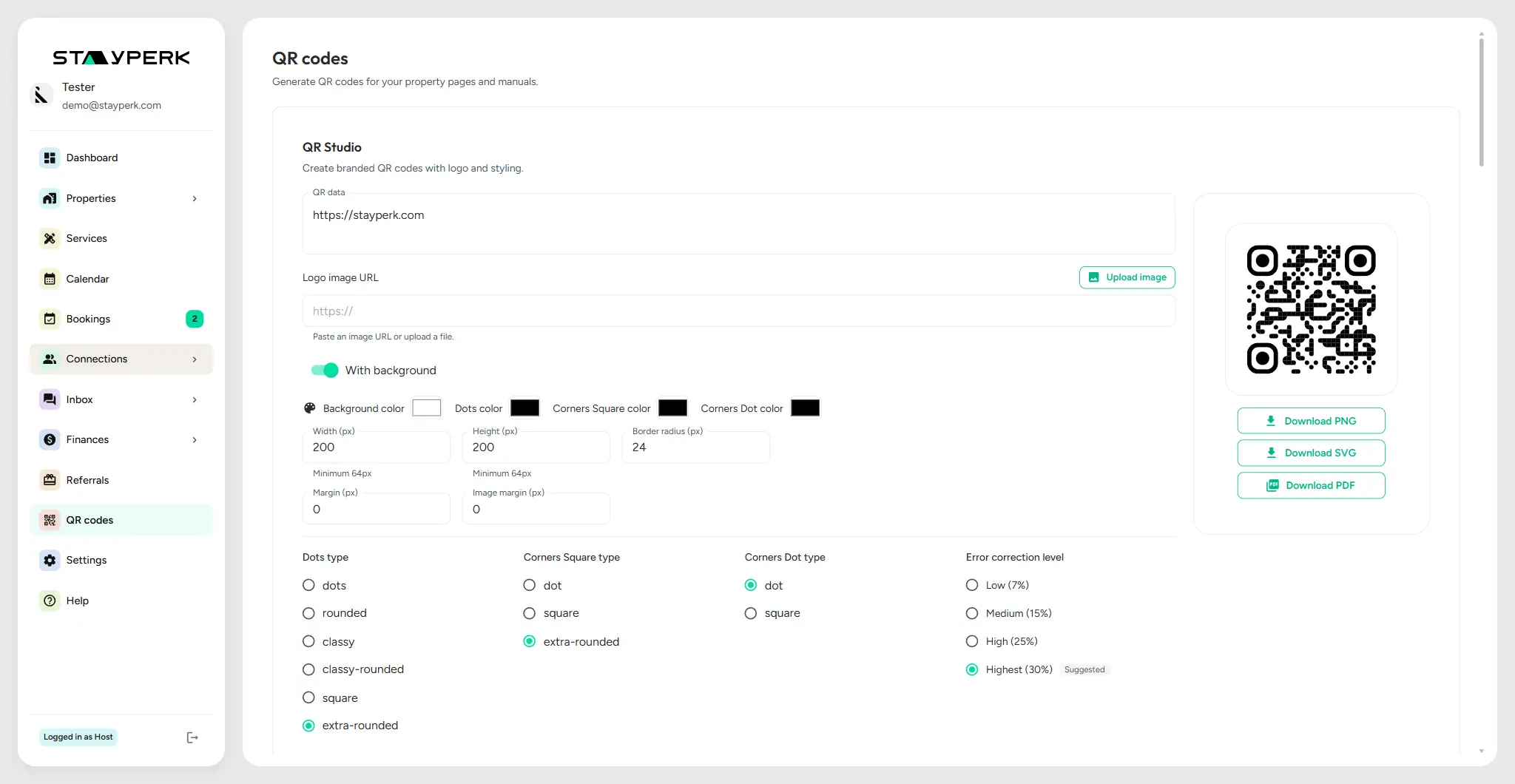StayPerk QR guest access preview with a printable QR card, destination URL, download formats, and scan-to-manual flow.