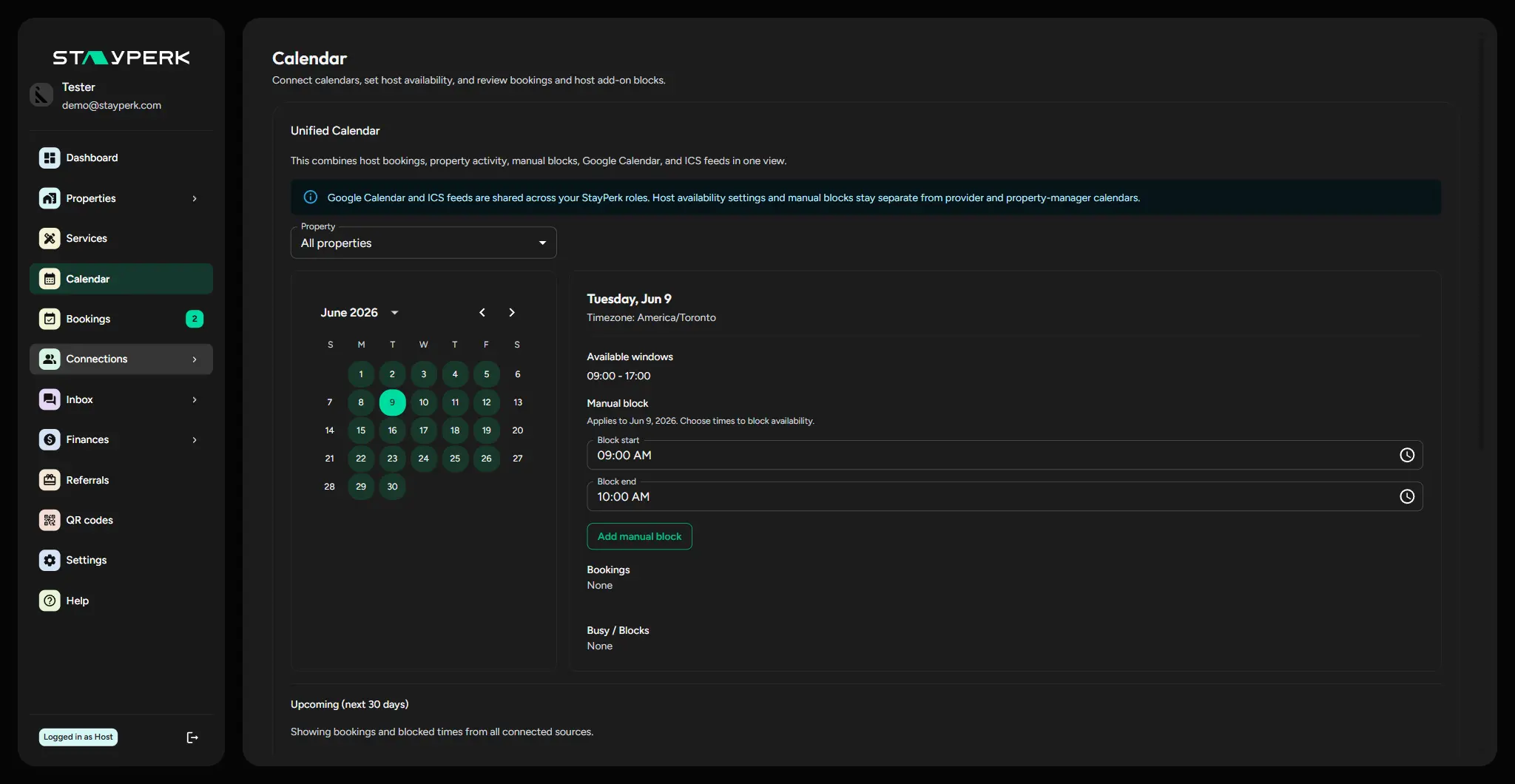 StayPerk service booking calendar preview with service requests, availability, timing, statuses, and provider context.